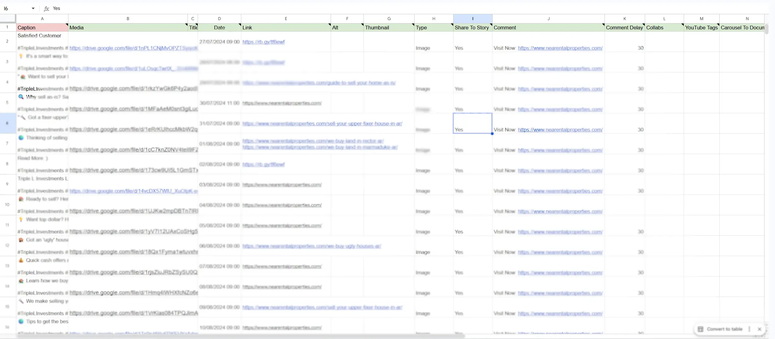 Google Sheets content calendar with captions, media links, dates and target pages