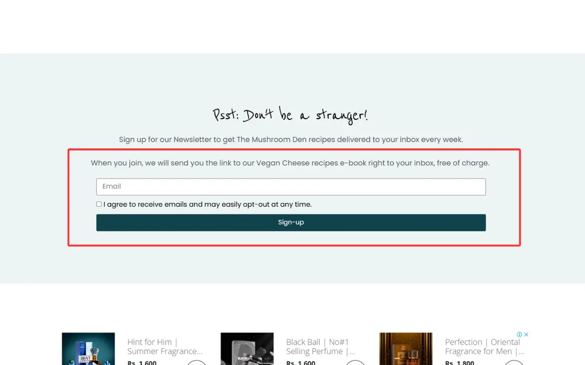 Newsletter signup form offering a free vegan cheese ebook