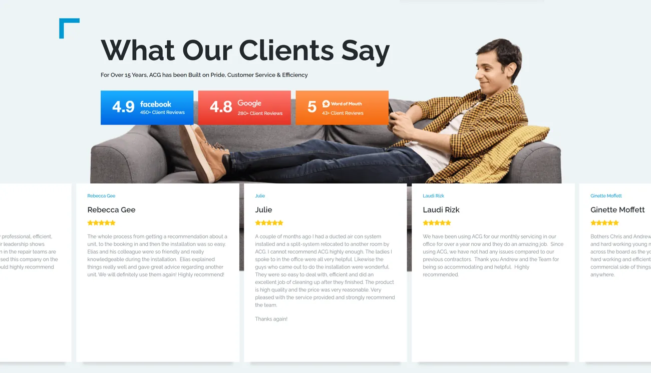 What Our Clients Say, with Facebook 4.9, Google 4.8 and Word of Mouth 5 ratings