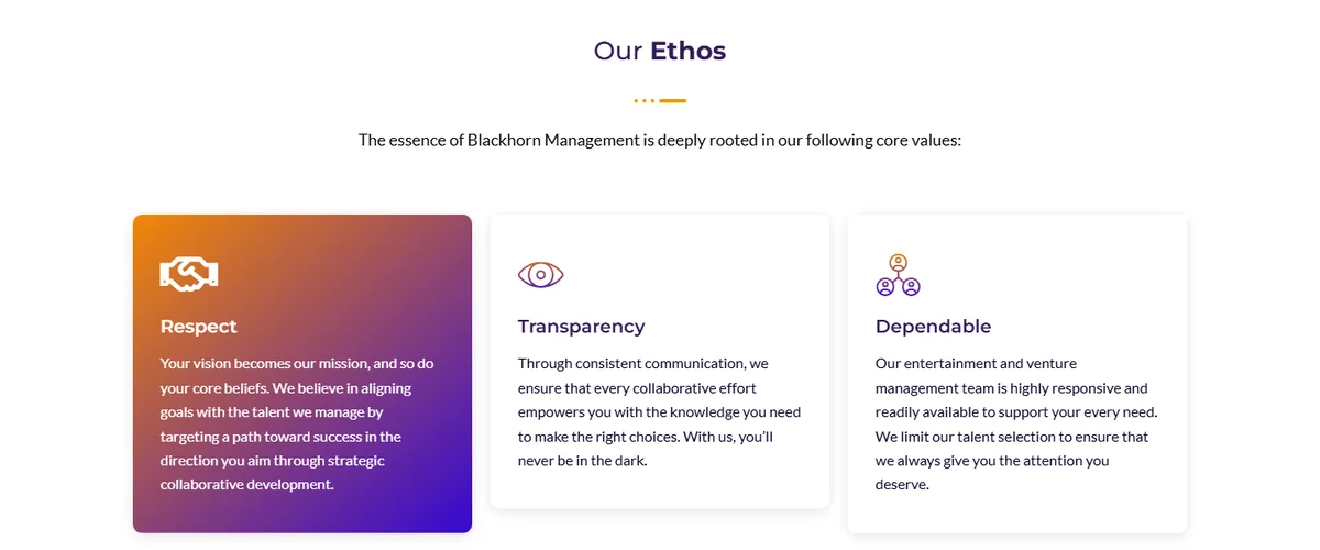 The Our Ethos section with Respect, Transparency and Dependable cards