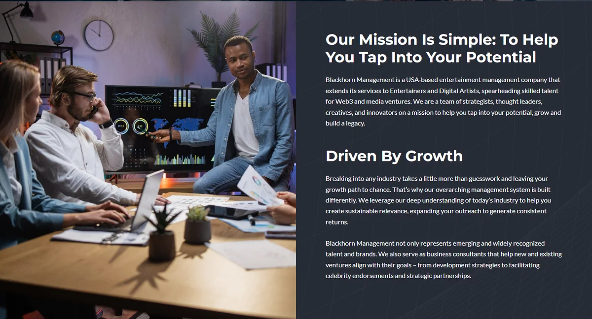 The About page: Our Mission Is Simple beside a team photo, then Driven By Growth