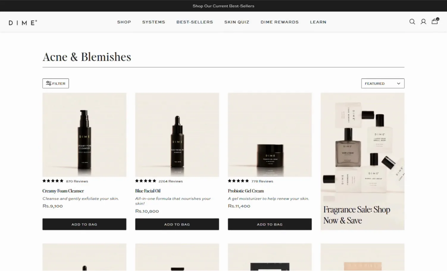 The Acne and Blemishes collection with a filter, sort and a fragrance sale tile