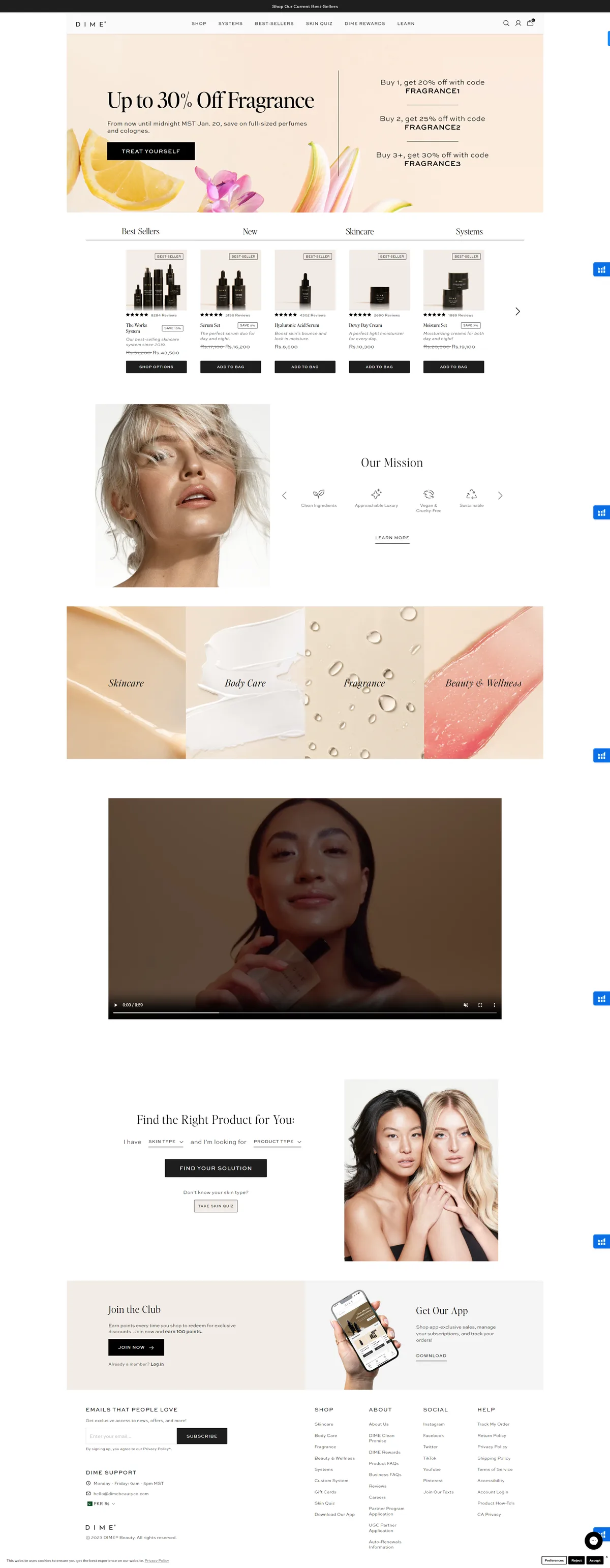 The full DIME Beauty home page from the announcement bar to the footer
