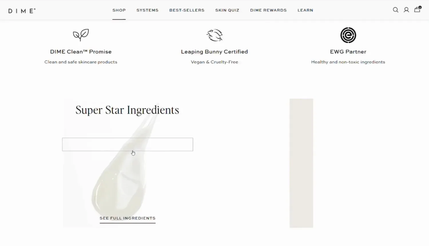 The DIME Clean Promise, Leaping Bunny and EWG badges above the Super Star Ingredients
