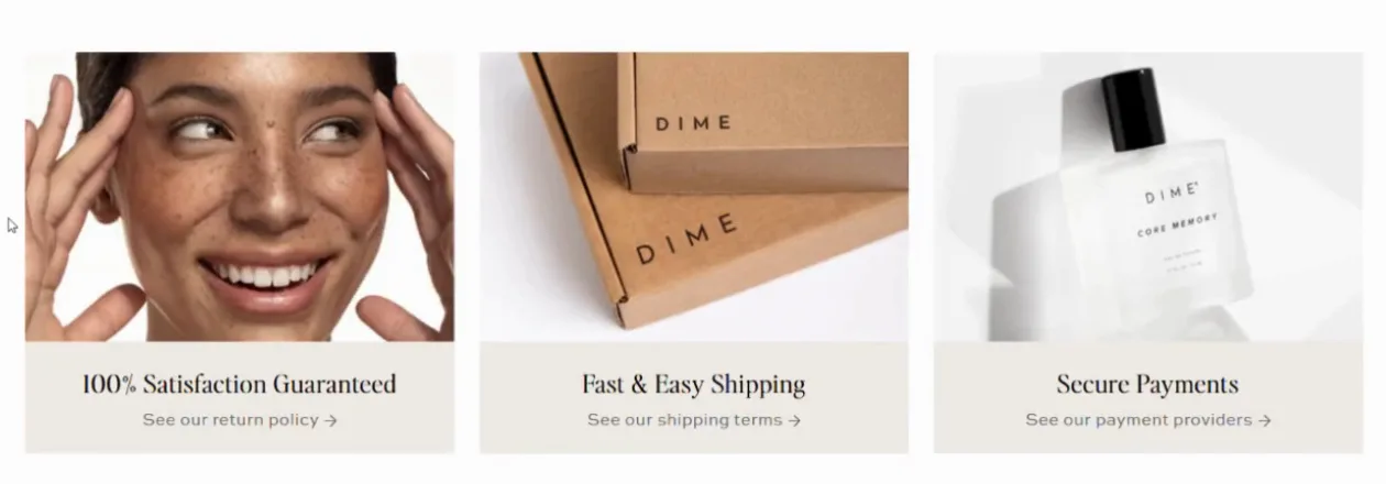 Badges for 100% satisfaction, fast shipping and secure payments