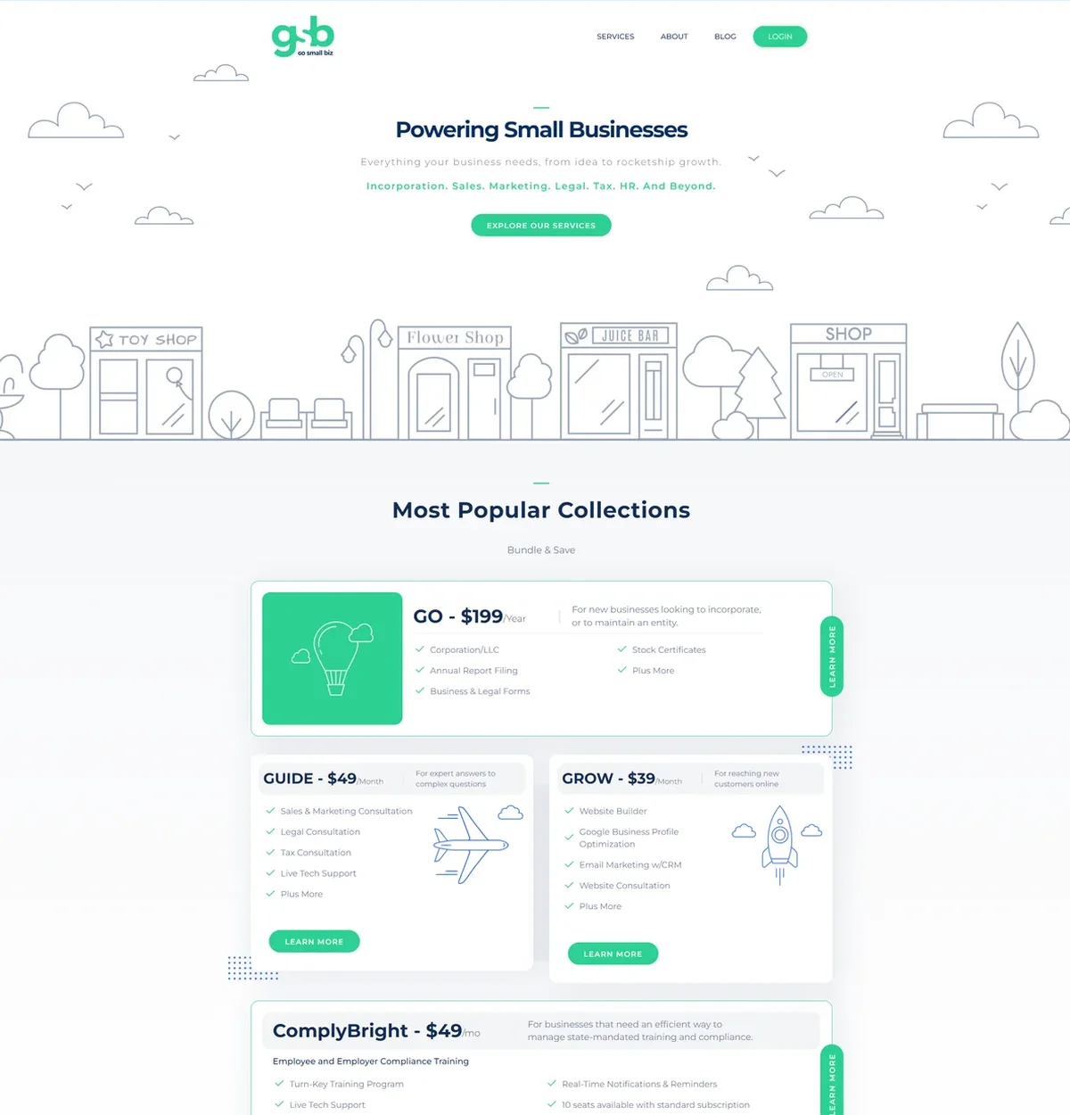 The redesigned GoSmallBiz home page: Powering Small Businesses over a line drawn street, then the plan cards