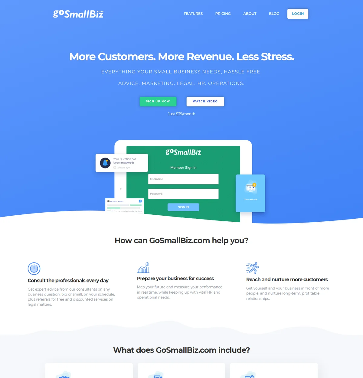 The old GoSmallBiz home page: a blue hero with a login screen mockup and 3 icon columns