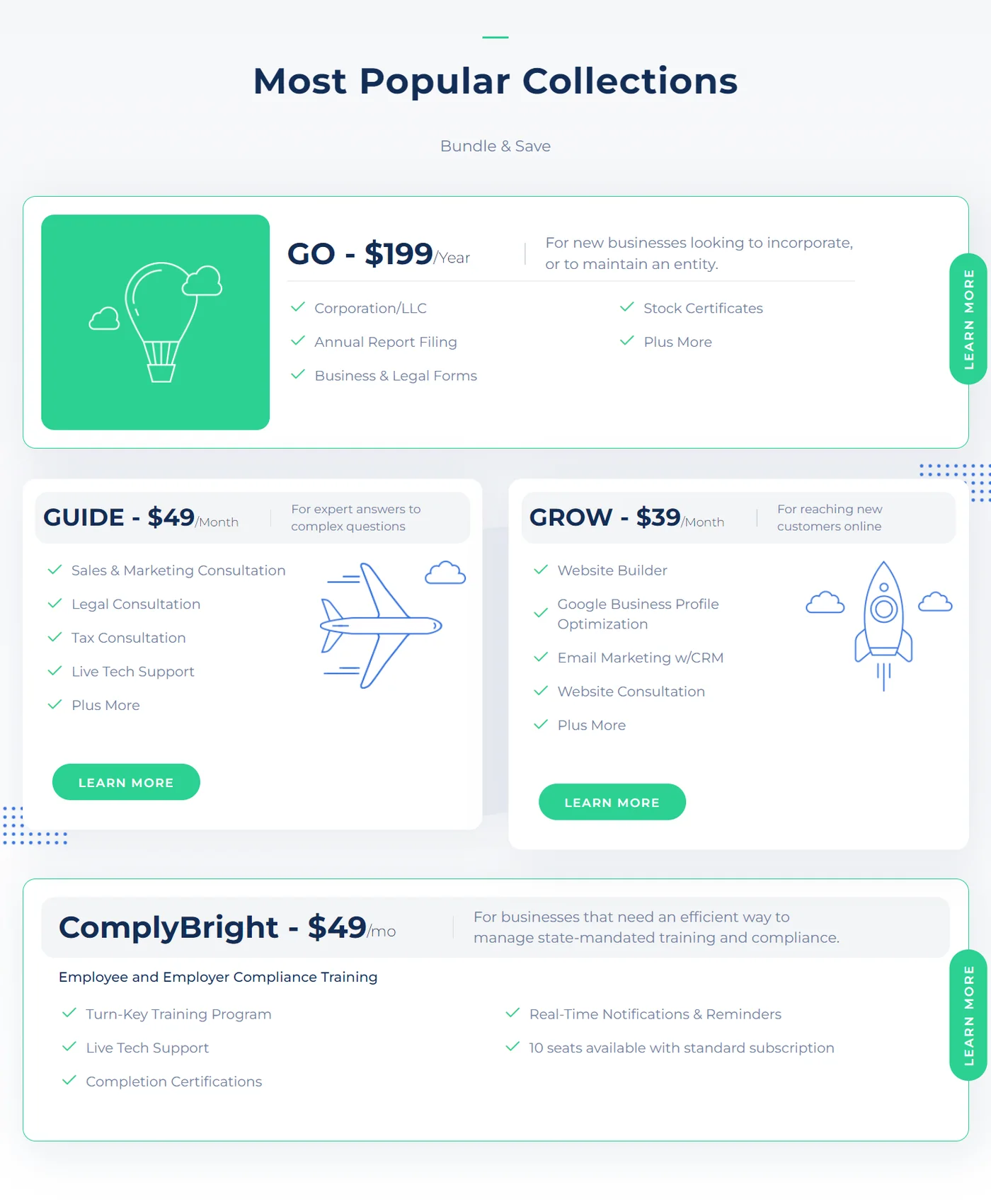The 4 plan cards: GO, GUIDE, GROW and ComplyBright