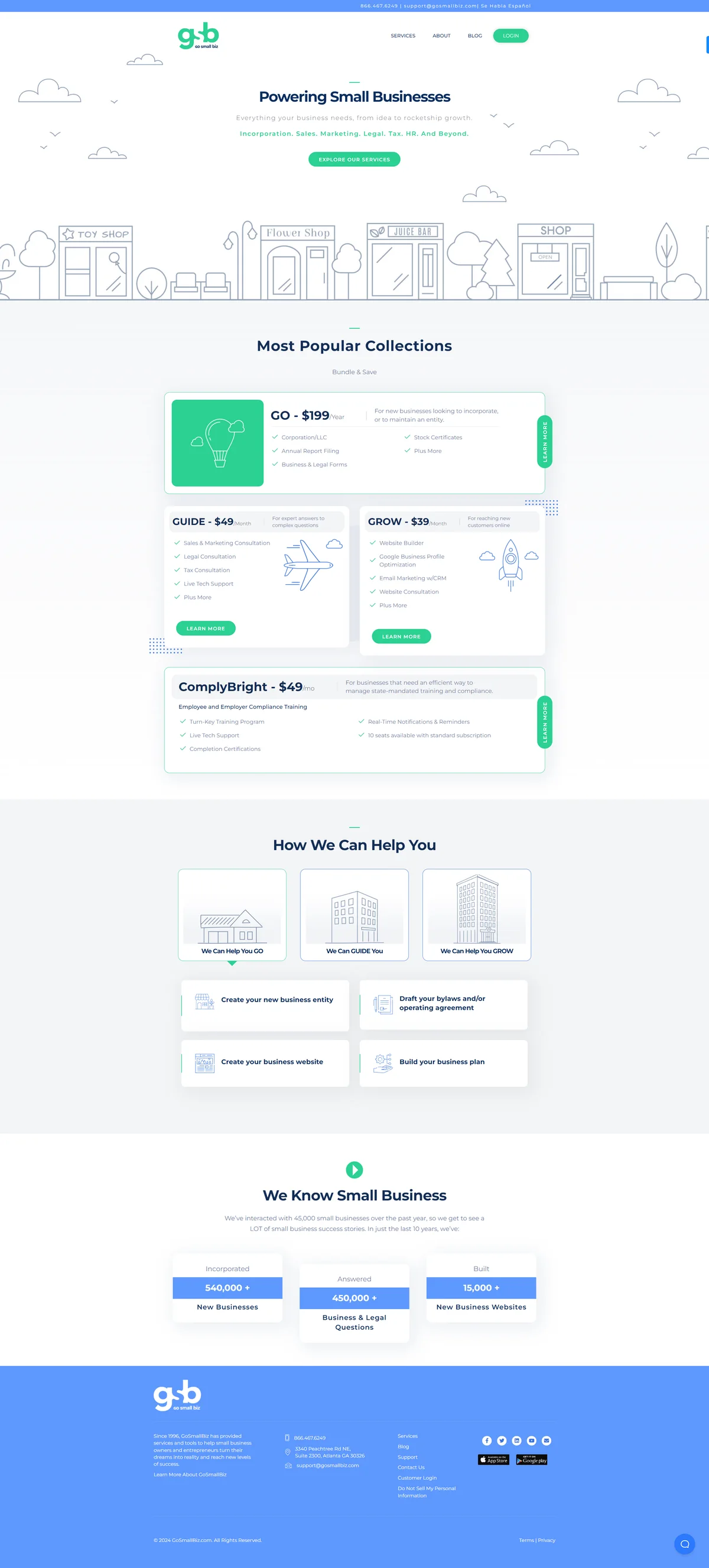 The full GoSmallBiz home page from the top bar to the footer
