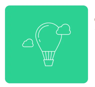 A hot air balloon line drawing in a green panel