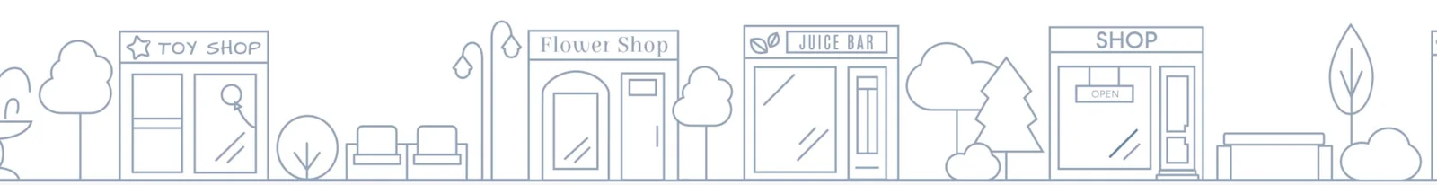 A line drawing of a toy shop, flower shop, juice bar and shop on 1 street