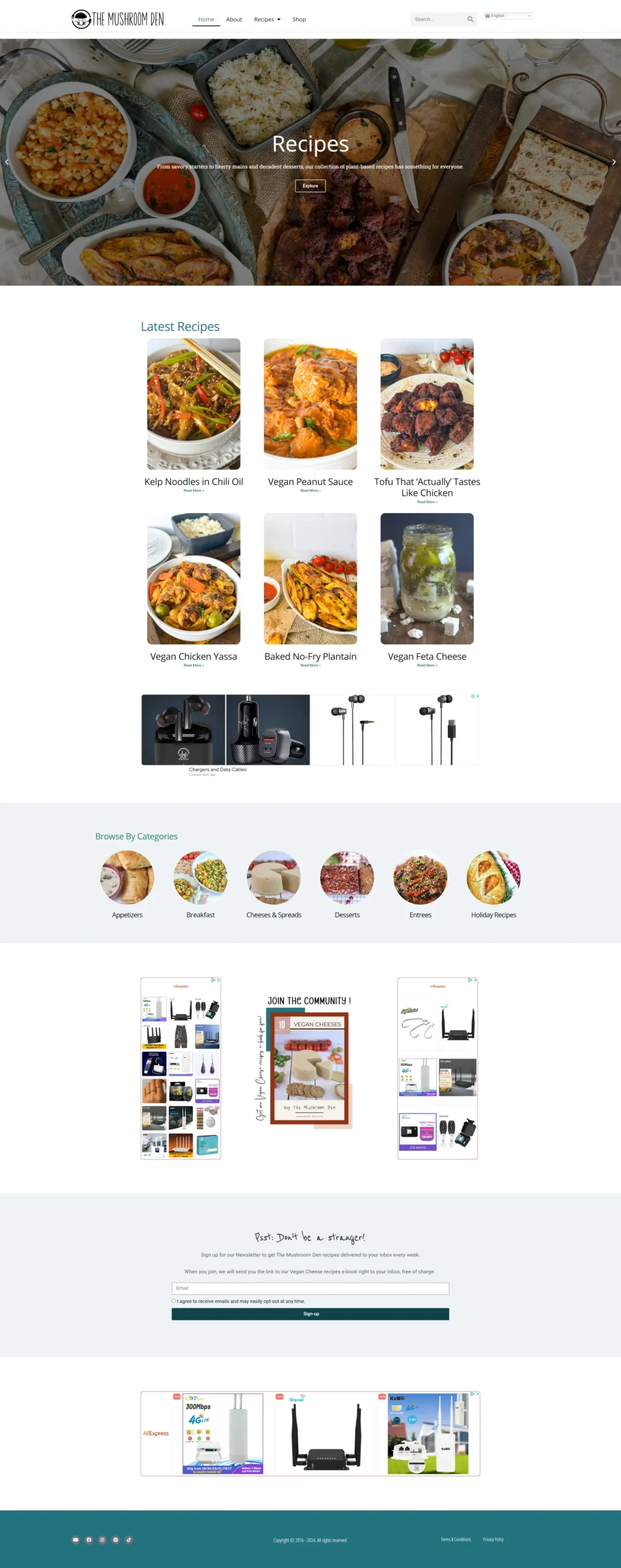 Full homepage of the redesigned TheMushroomDen.com