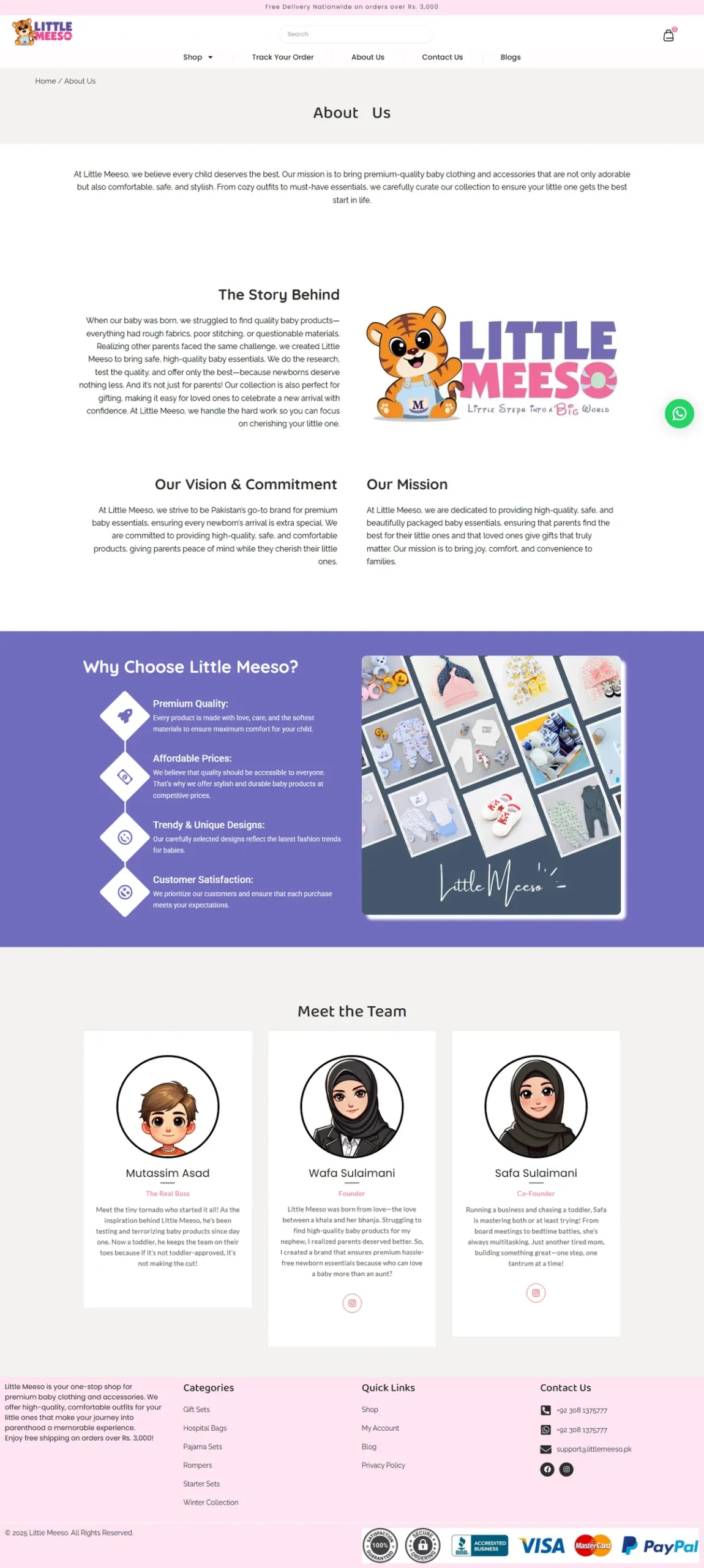 About Us page with the story behind the brand, mission and team