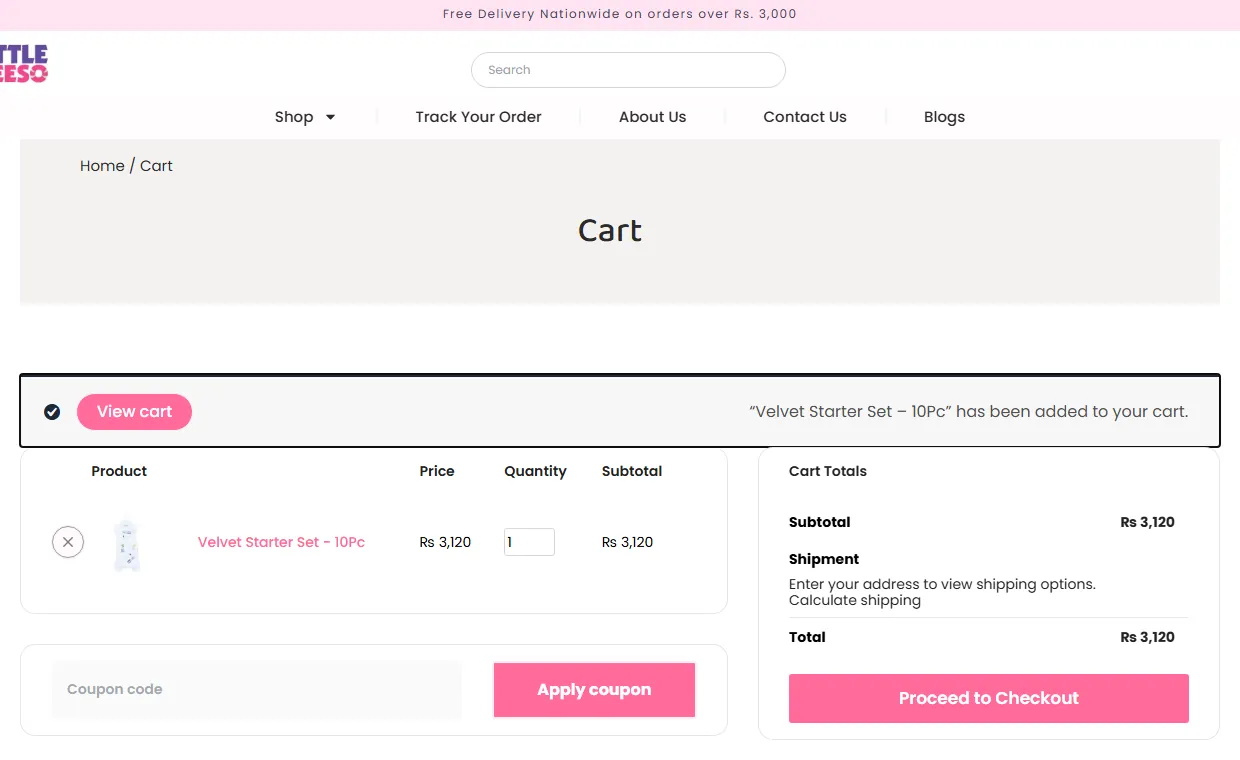 Cart page with added item notice, coupon field and cart totals