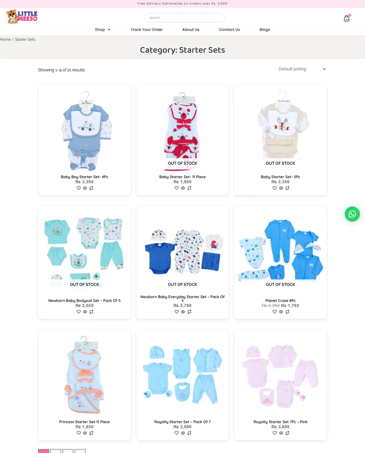 Starter Sets category page showing 21 results, sorting and out of stock labels