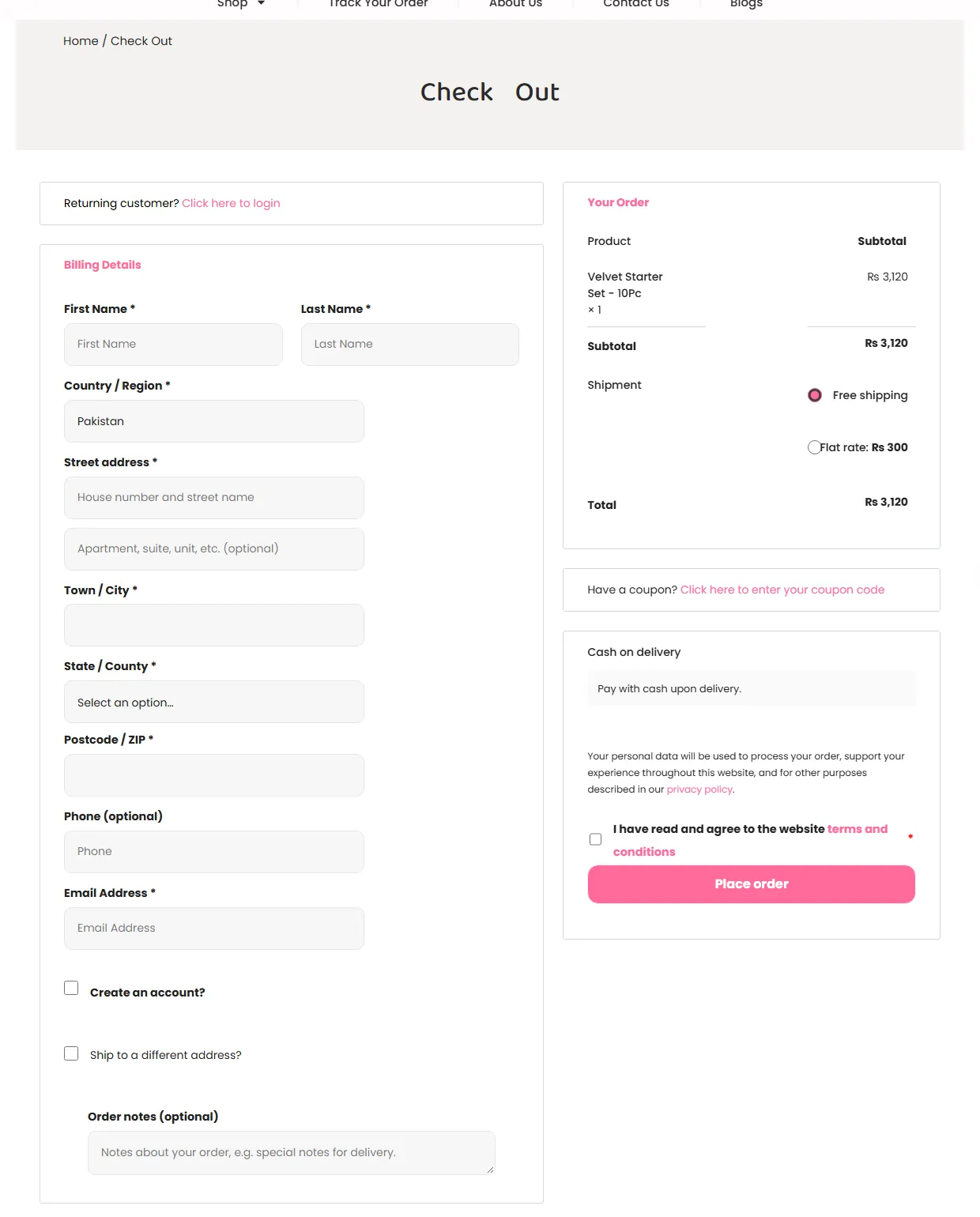 Checkout page with billing details, shipping choice and Cash on Delivery