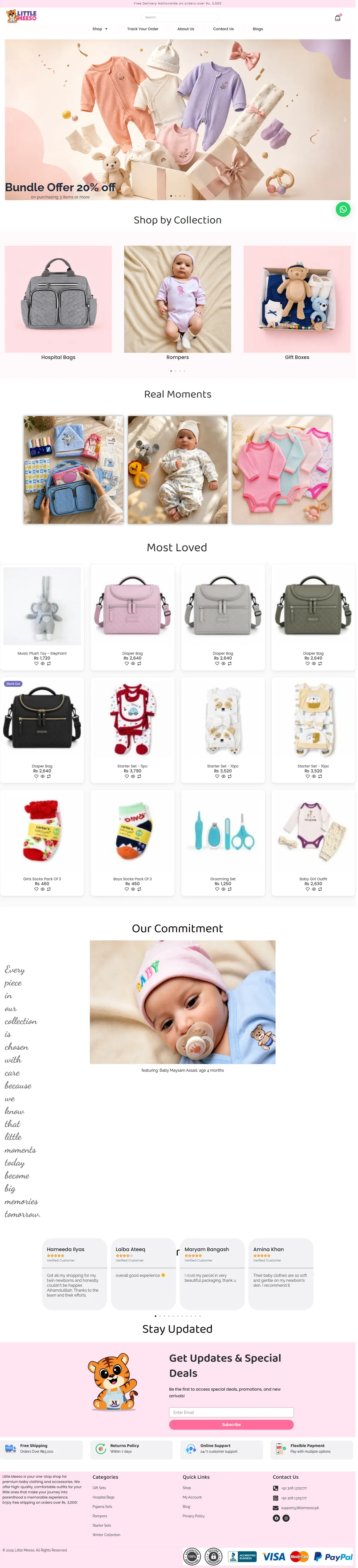The full Little Meeso home page: announcement bar, banner slider, collections, product grid, trust row and footer