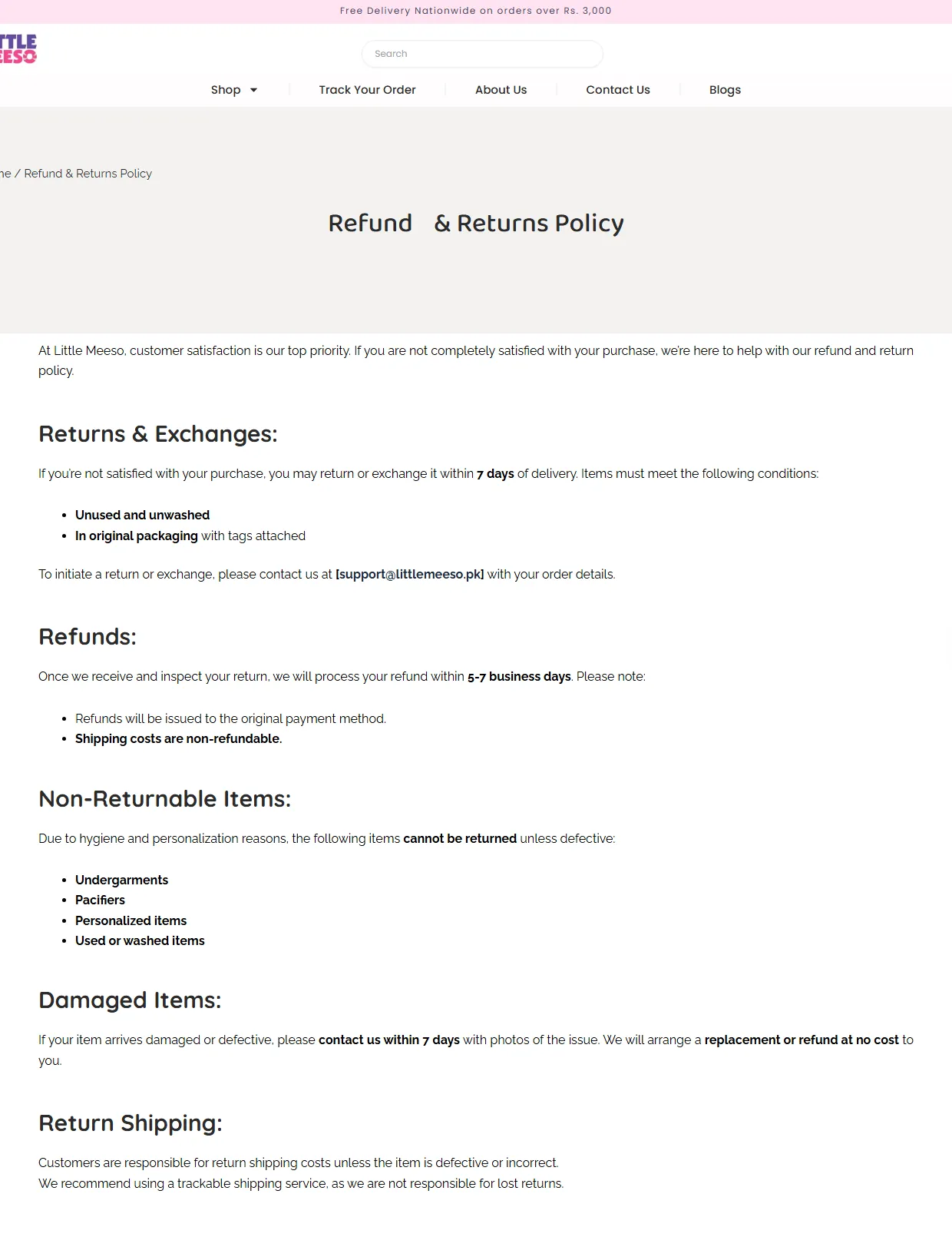 Refund and Returns Policy with returns, refunds, non returnable items and damaged items