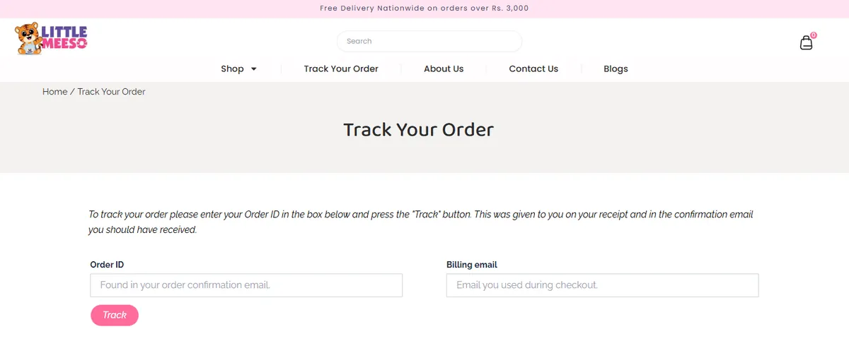 Track Your Order page asking for order ID and billing email