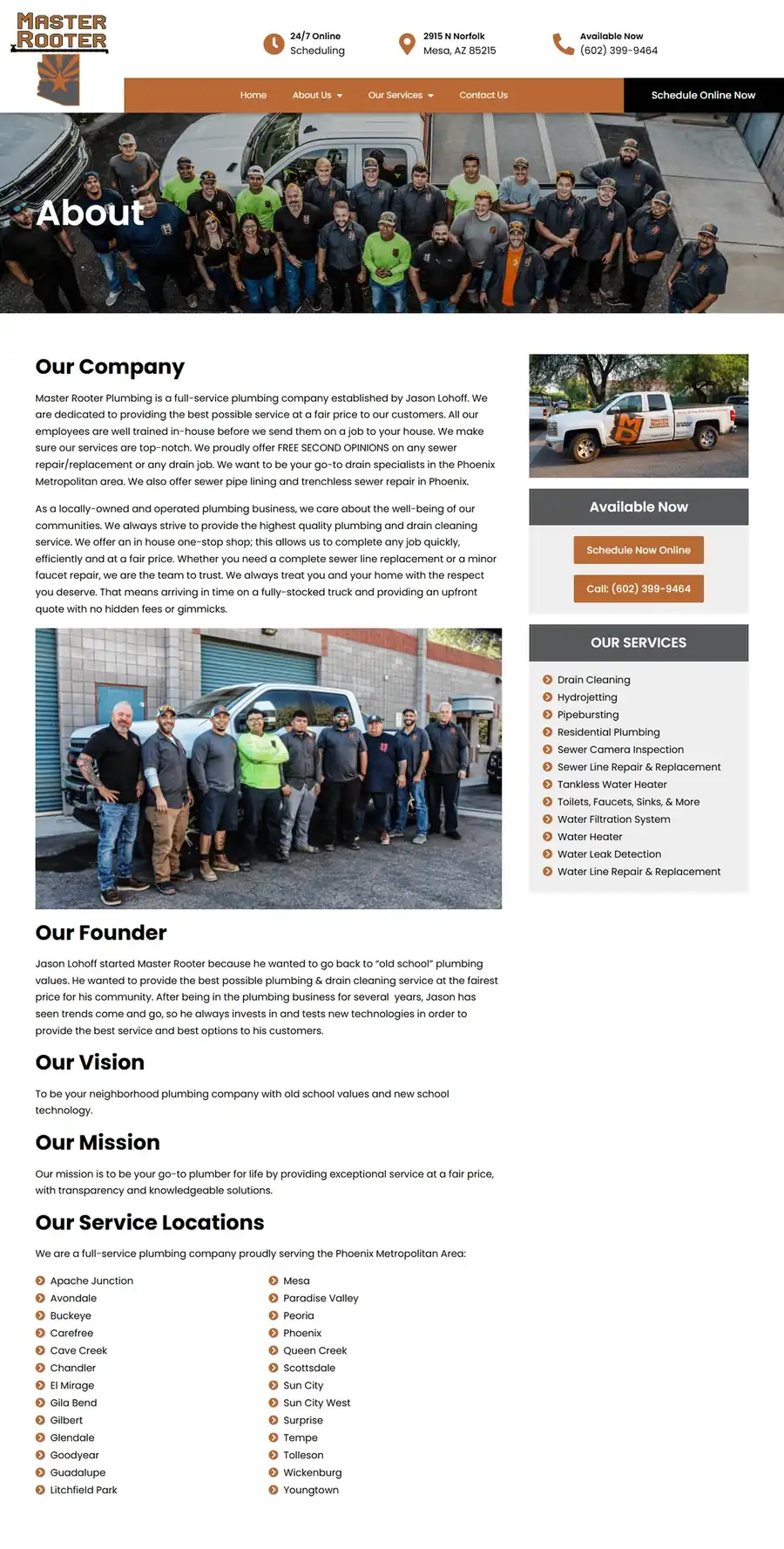 The About page with the full list of service locations