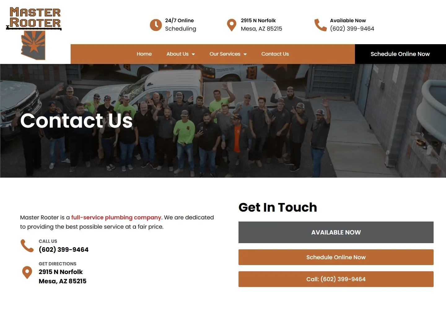 The Contact Us page with call, directions and the Available Now booking box