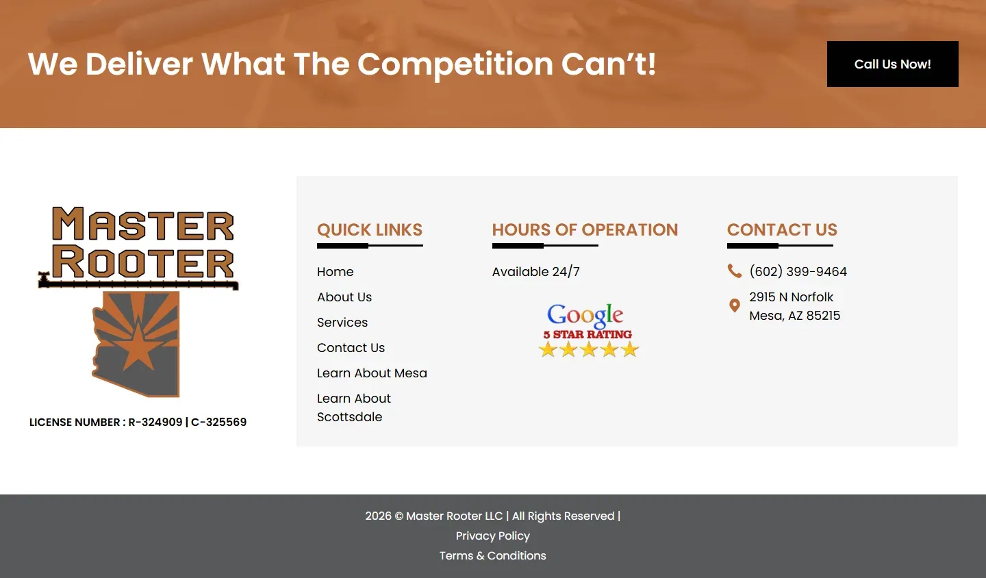 The footer with a call band, quick links, 24/7 hours, license numbers and the Google rating badge
