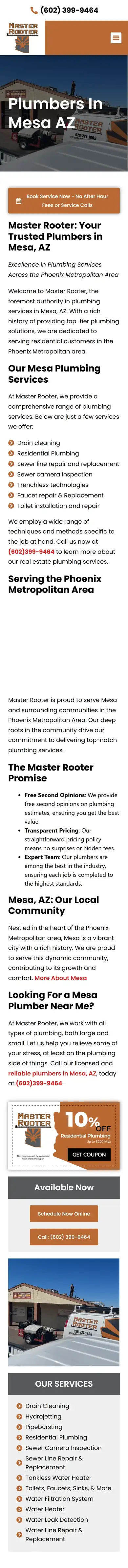 The Plumbers in Mesa AZ page on a phone