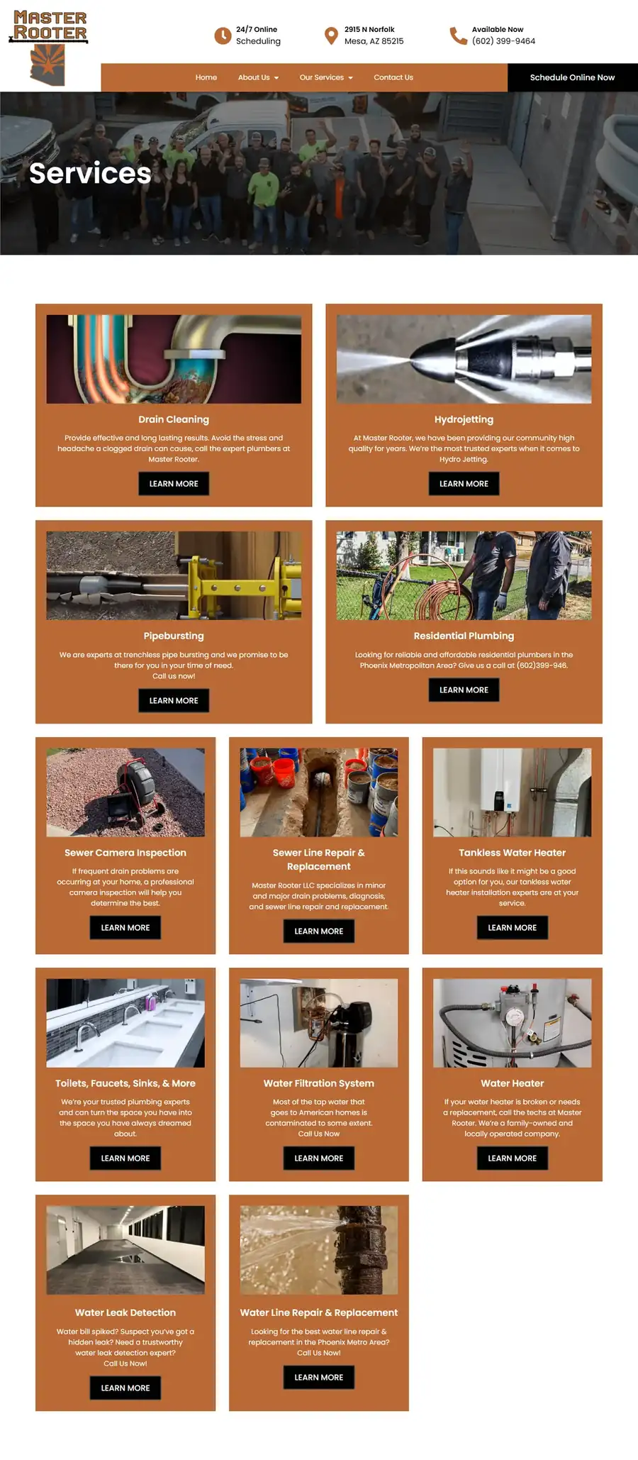 The Master Rooter Services page with a card for each service