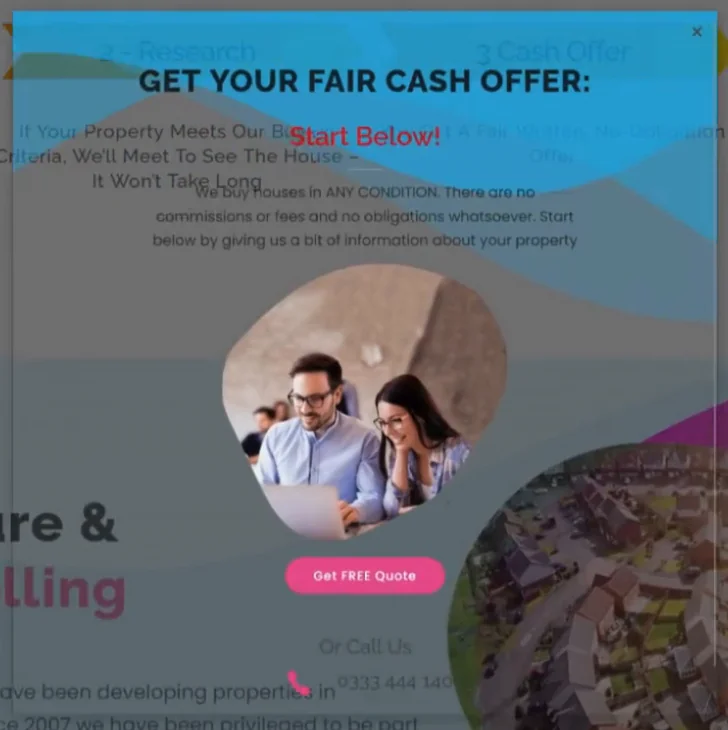 Get Your Fair Cash Offer popup with Start Below, a Get FREE Quote button and a call option