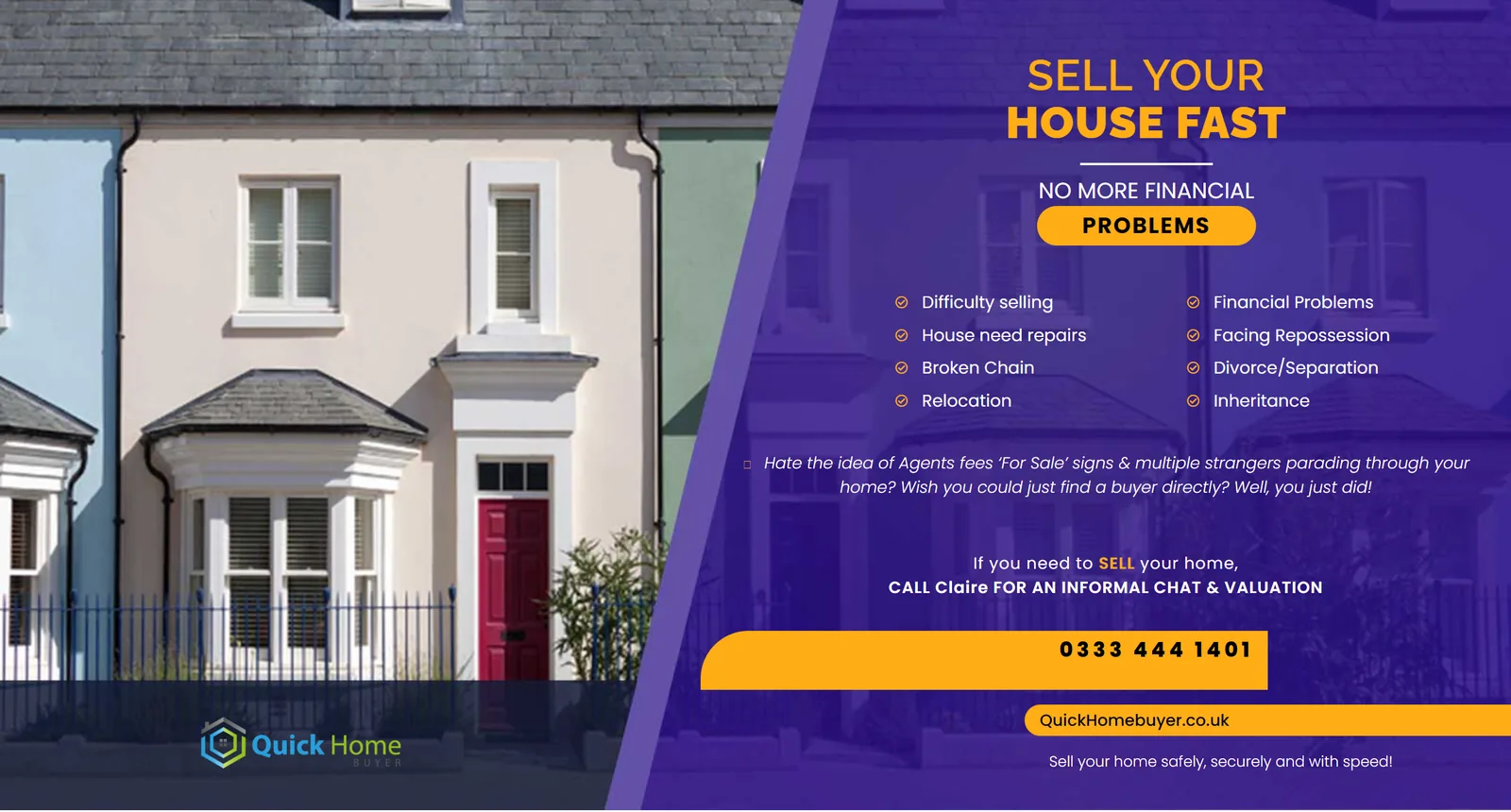 Purple Sell Your House Fast panel listing 8 seller situations with a call line and phone button