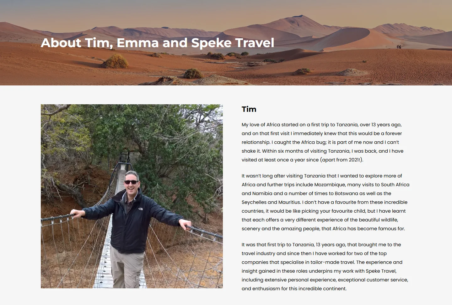 The About page introducing Tim and Emma of Speke Travel