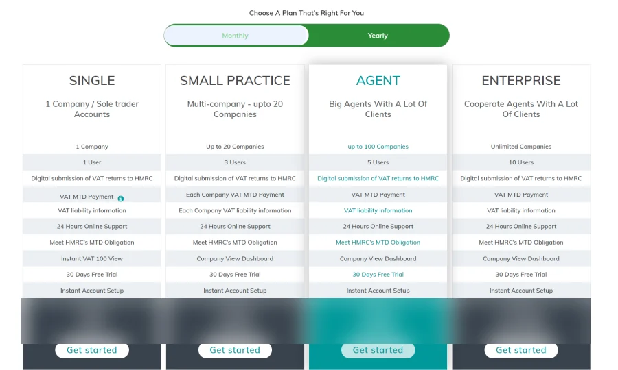 The 4 plan tables: Single, Small Practice, Agent and Enterprise
