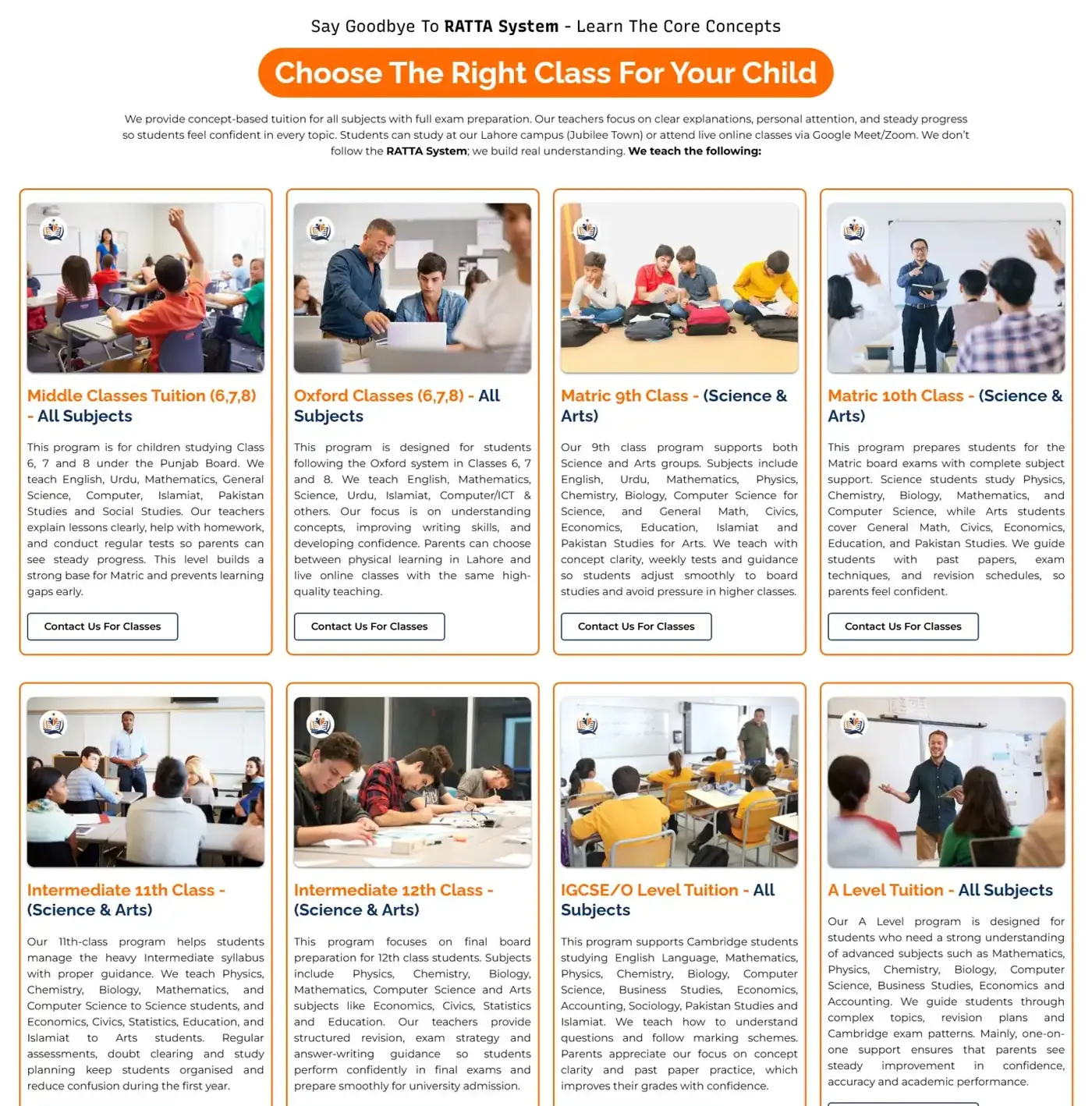 8 class cards from Middle classes to A Level tuition