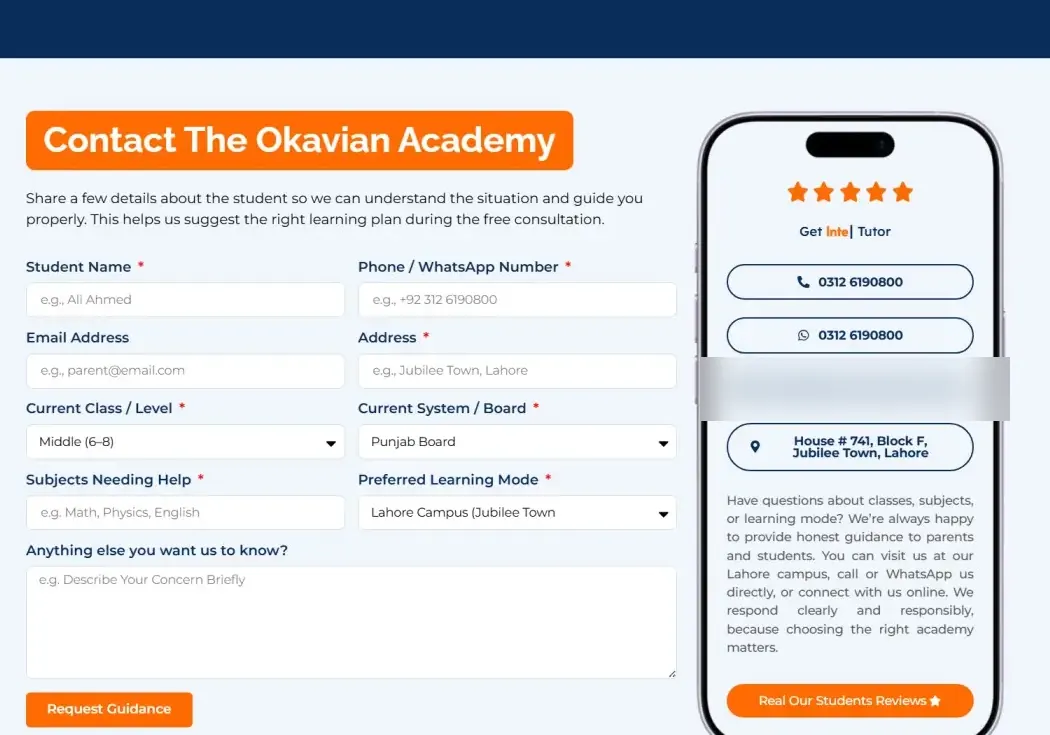 Contact form asking for class, board, subjects and learning mode