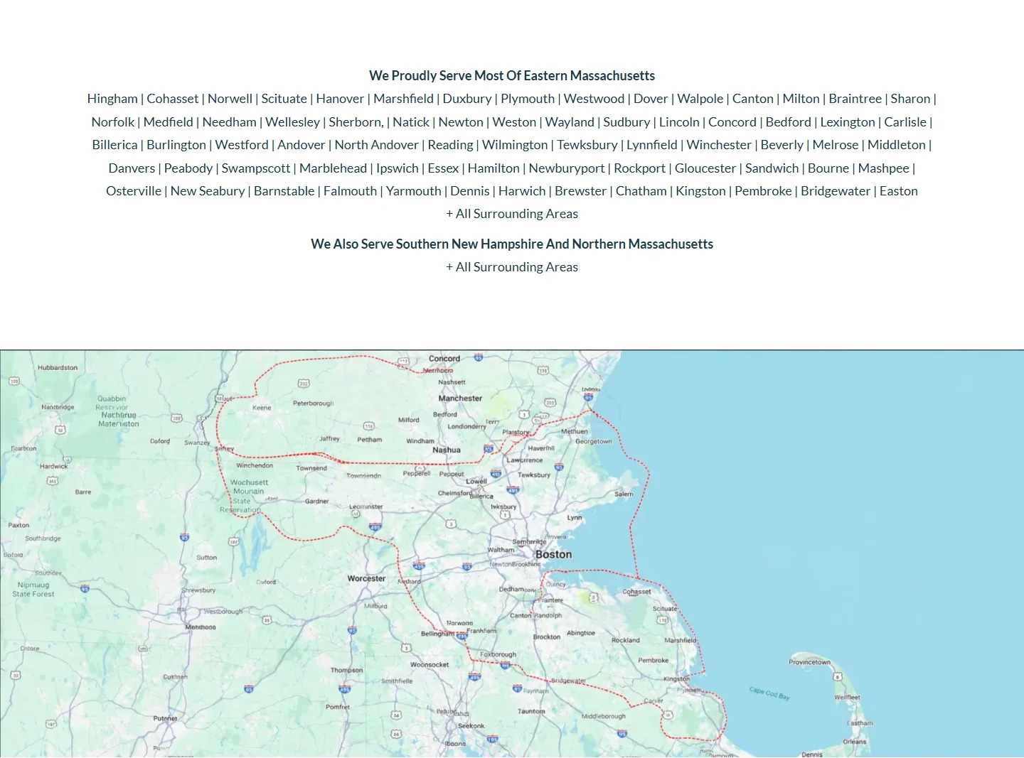 The Areas We Serve page with the town list and map
