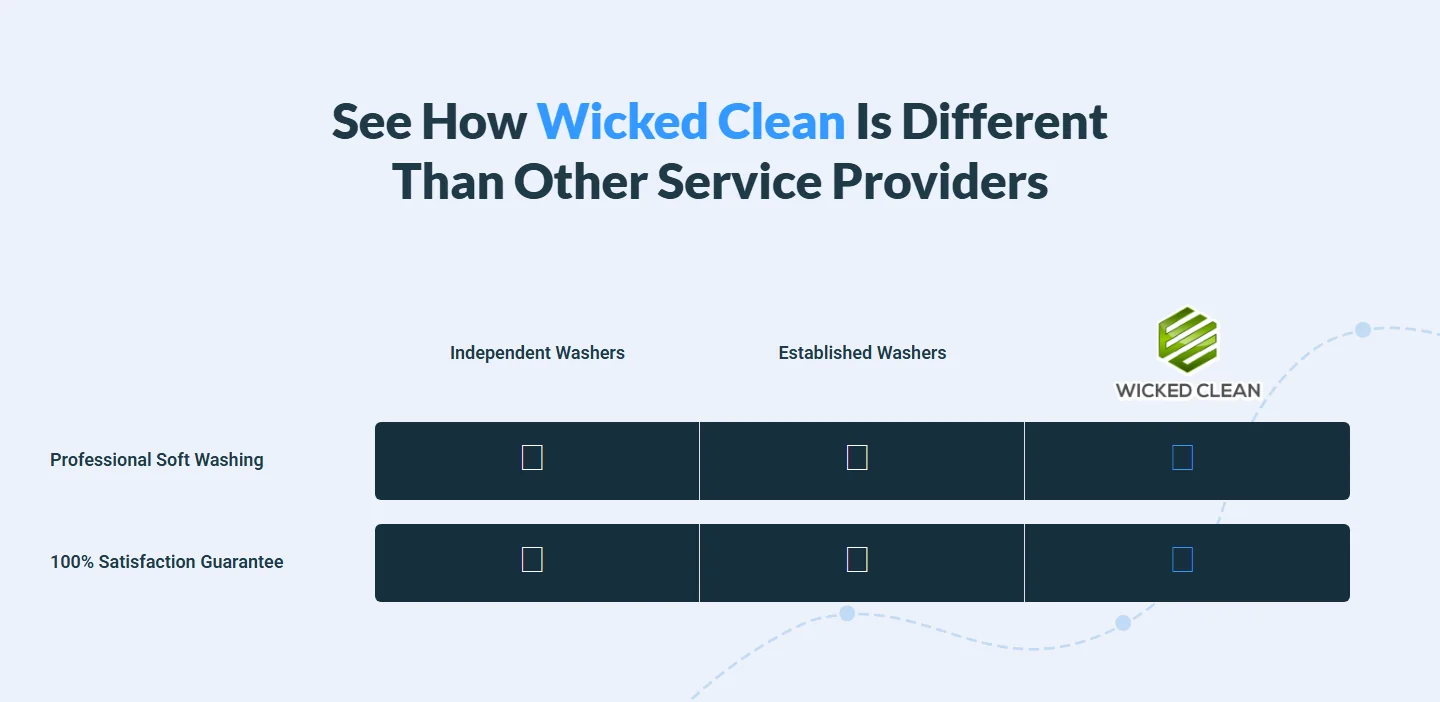 The table comparing Wicked Clean with independent washers and established washers