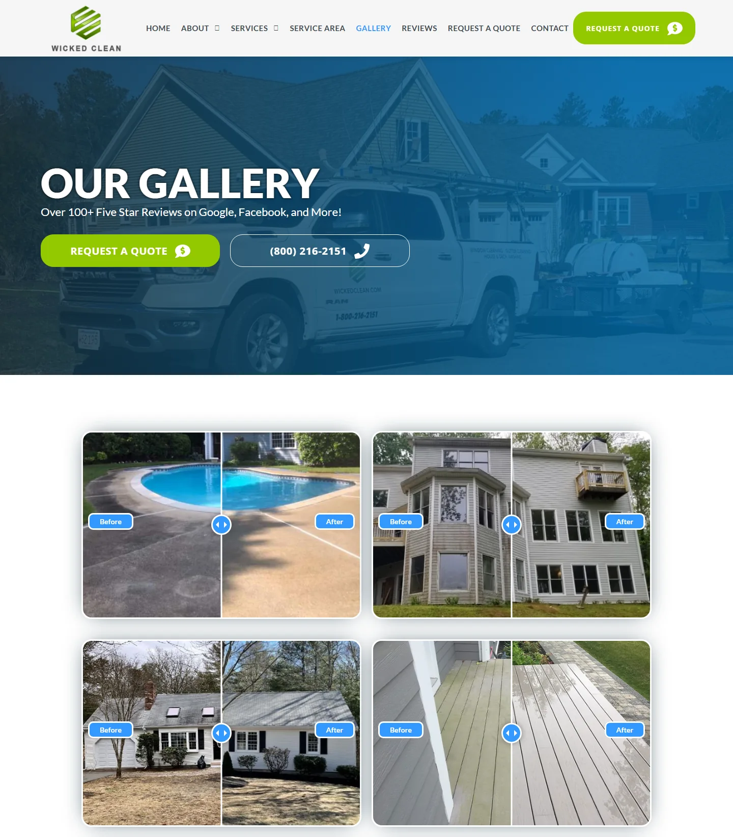 The Wicked Clean gallery page of before and after sliders