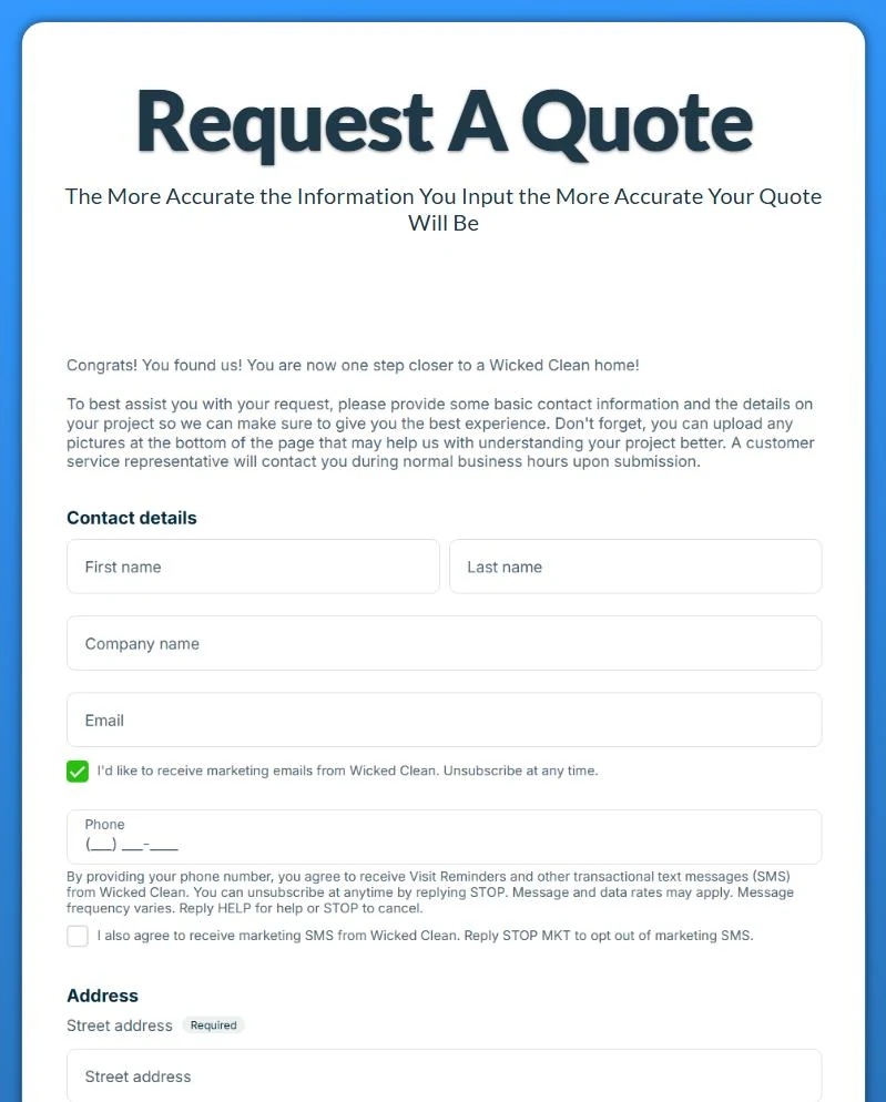The Request a Quote page with the Jobber request form