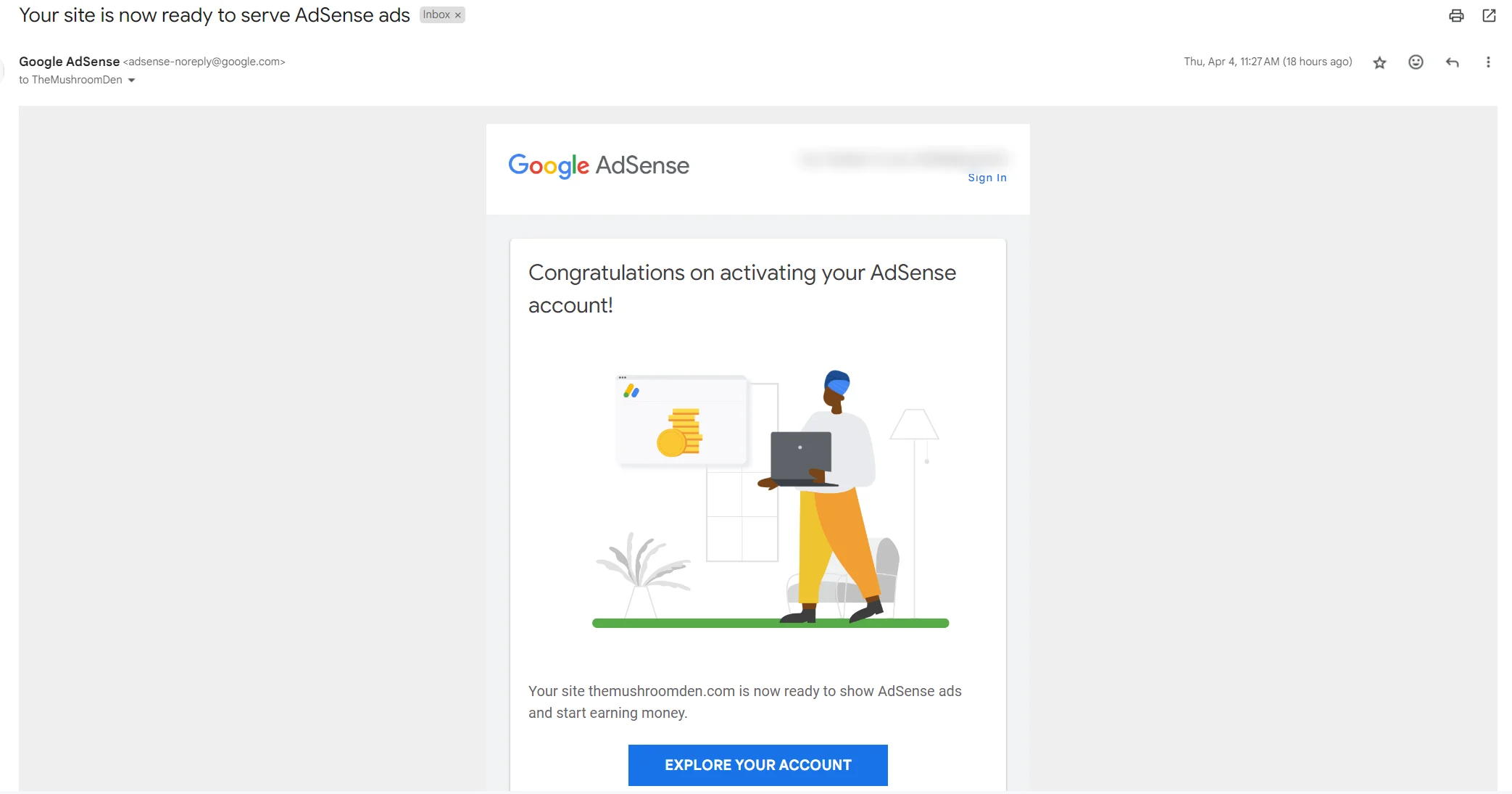 Google AdSense approval email for TheMushroomDen.com