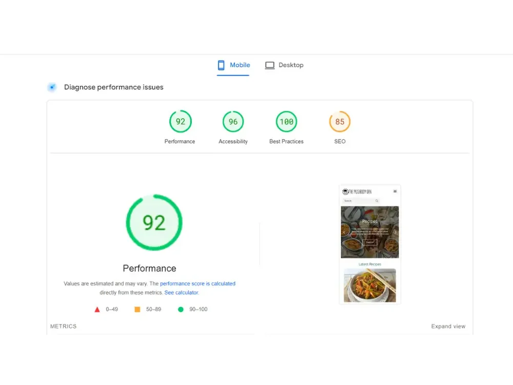 PageSpeed Insights mobile score of 92