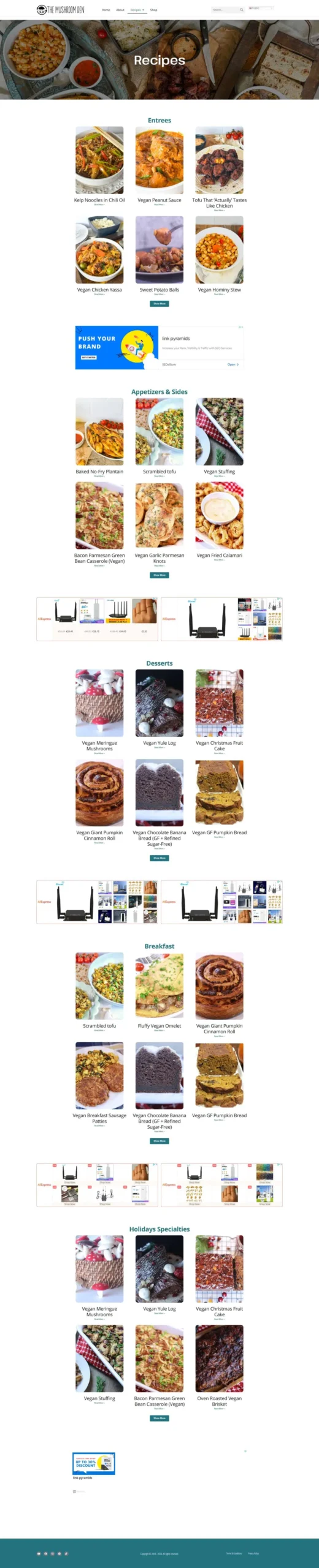 Recipes page with a grid of vegan recipes